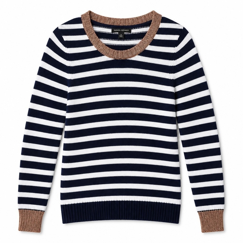Banana Republic Sweater Womens Medium Blue White Striped Metallic Rib Knit Trim